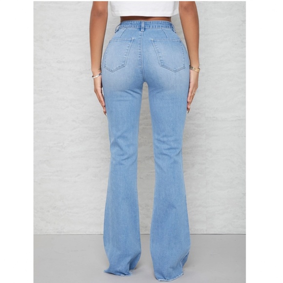 Flared Leg Blue Jeans High Waist for Curvy Hips Long Denim Bell Bottom - Picture 3 of 8